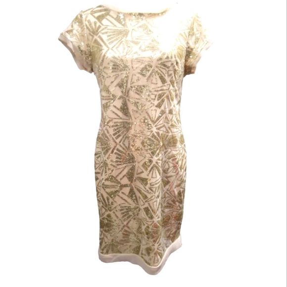 VINCE CAMUTO Gold Sequin Shift Dress Champagne EUC SZ 12 - Picture 2 of 8